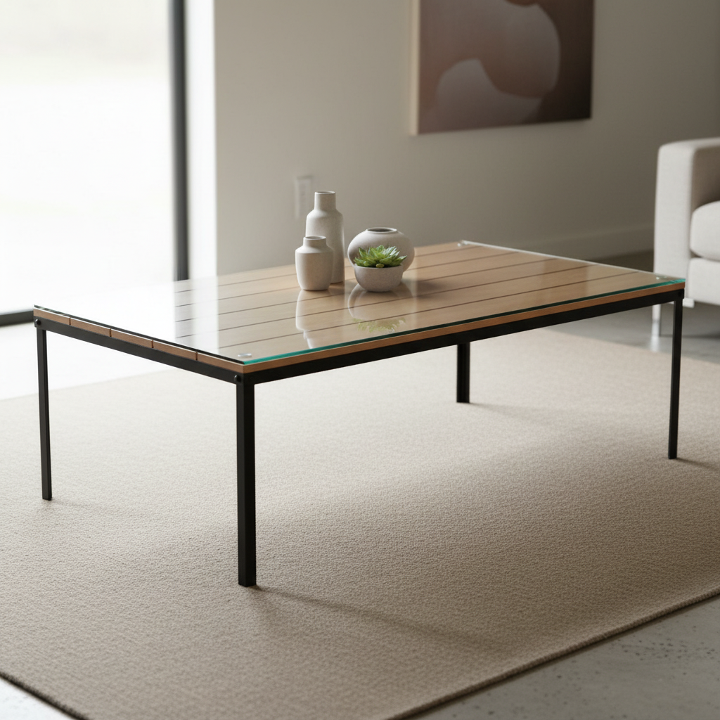 A Lock and Grain wood coffee table with a clear tempered glass top and a polished edge.