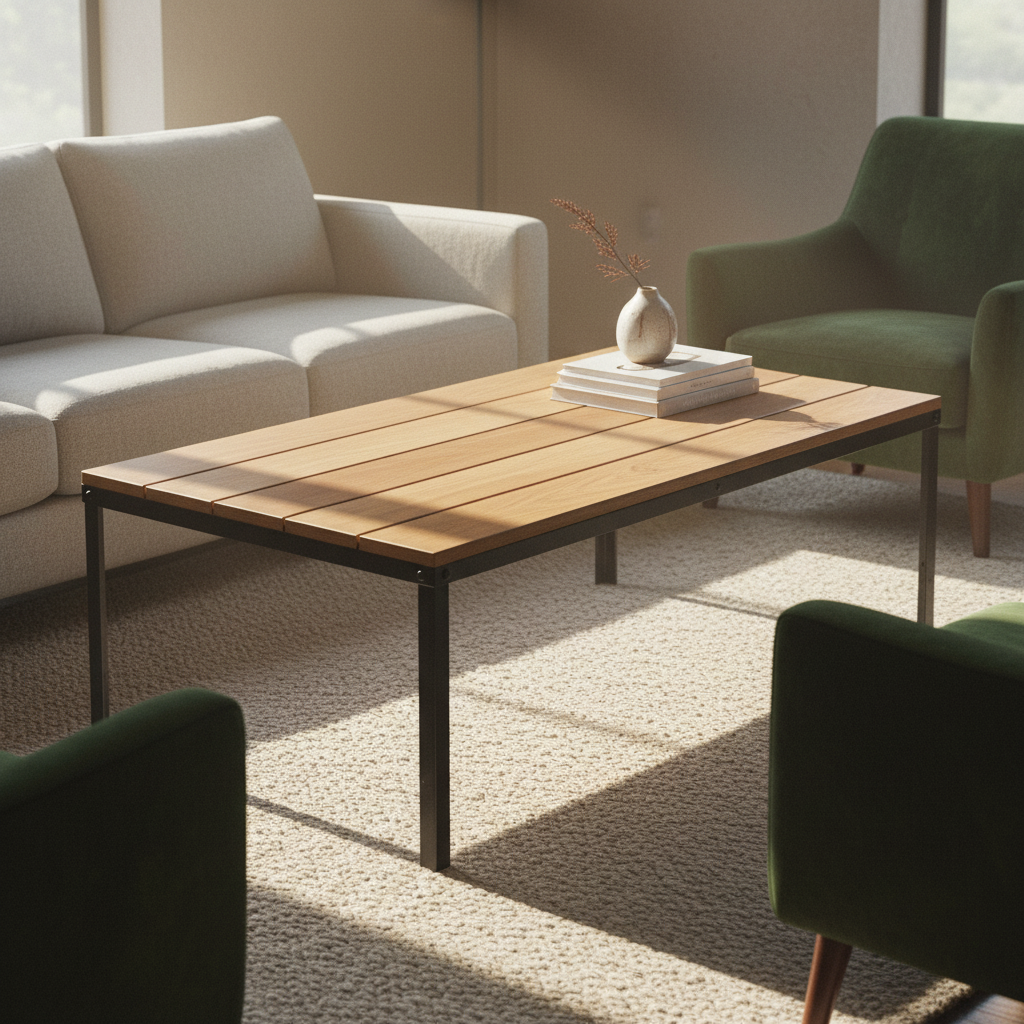 A Lock and Grain wood coffee table sitting in a room with daylight from a window and warm lamplight on one side.