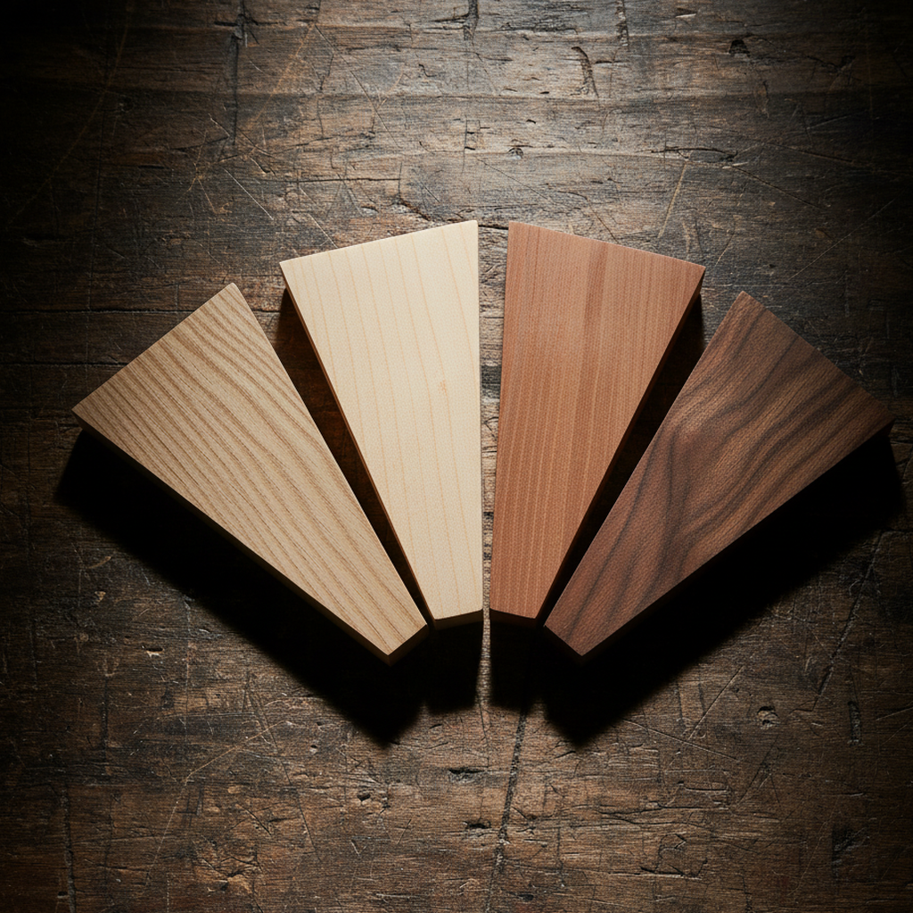 A Lock and Grain wood coffee table with small hardwood sample blocks in oak, maple, cherry and walnut.