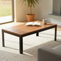Tyto Square solid Cherry coffee table, unfinished — 46.5" × 26.5" top, 18" tall, shown in a lifestyle setting