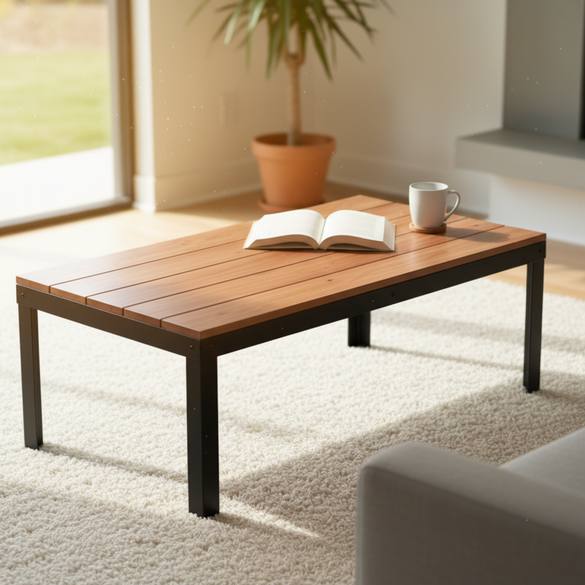 Tyto Square solid Cherry coffee table, unfinished — 46.5" × 26.5" top, 18" tall, shown in a lifestyle setting