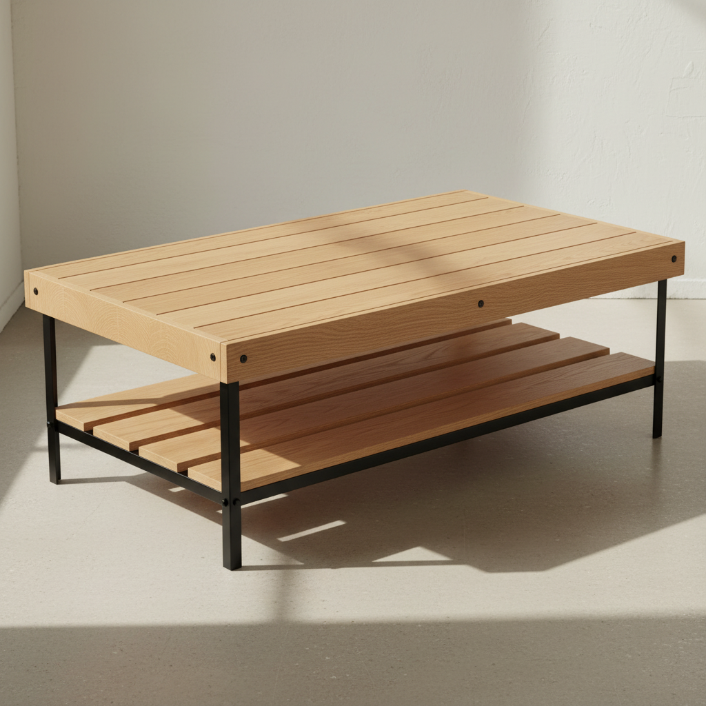 Tyto Dart solid Oak coffee table with lower shelf, unfinished — 45" × 25" top, 18" tall, shown in a lifestyle setting