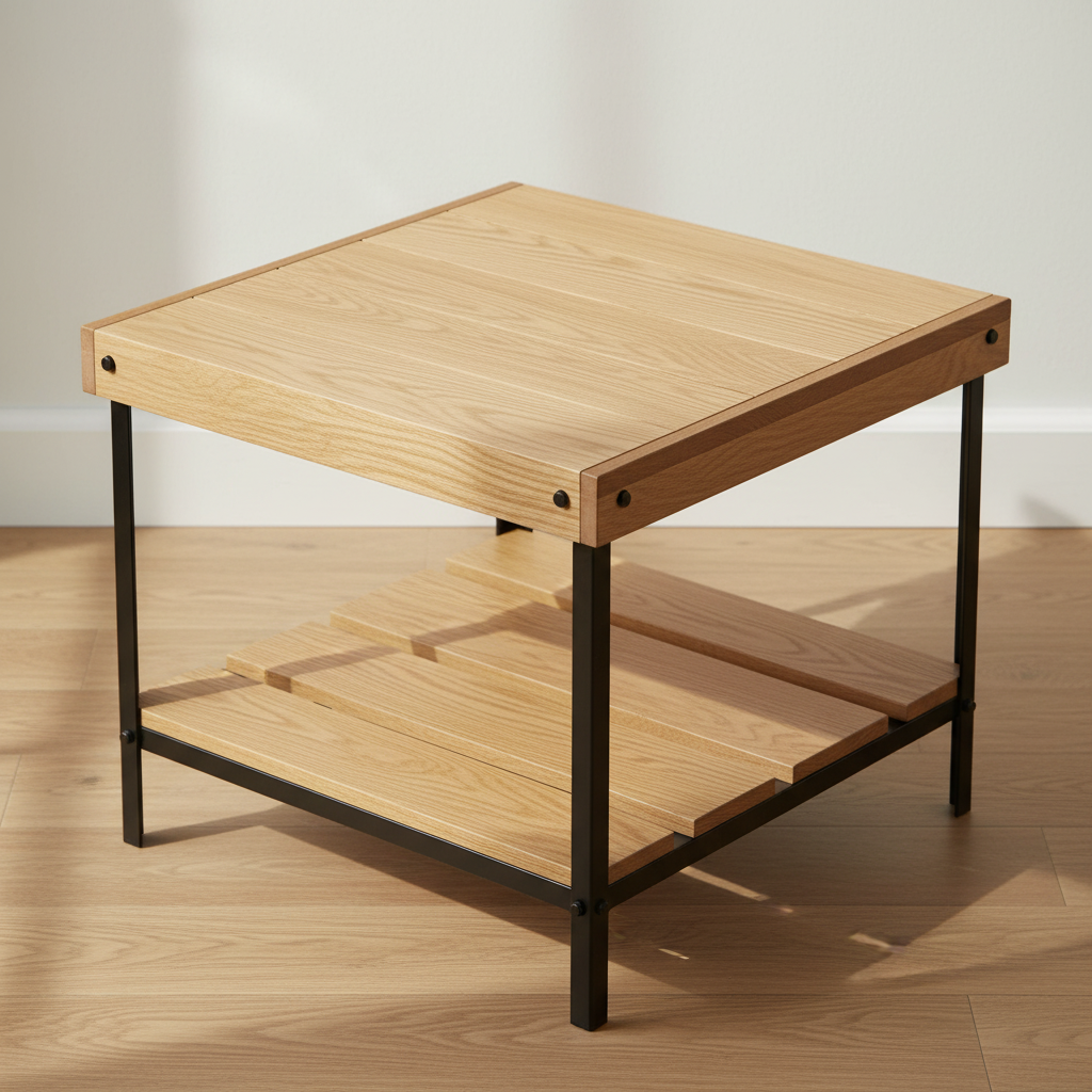 Otus Dart solid Oak side table with lower shelf, unfinished — 25" × 25" top, 24" tall, styled in a home interior