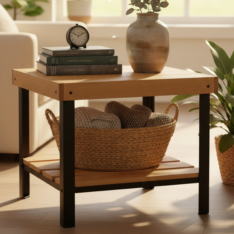 Wooden coffee table with decorative items in a bright room