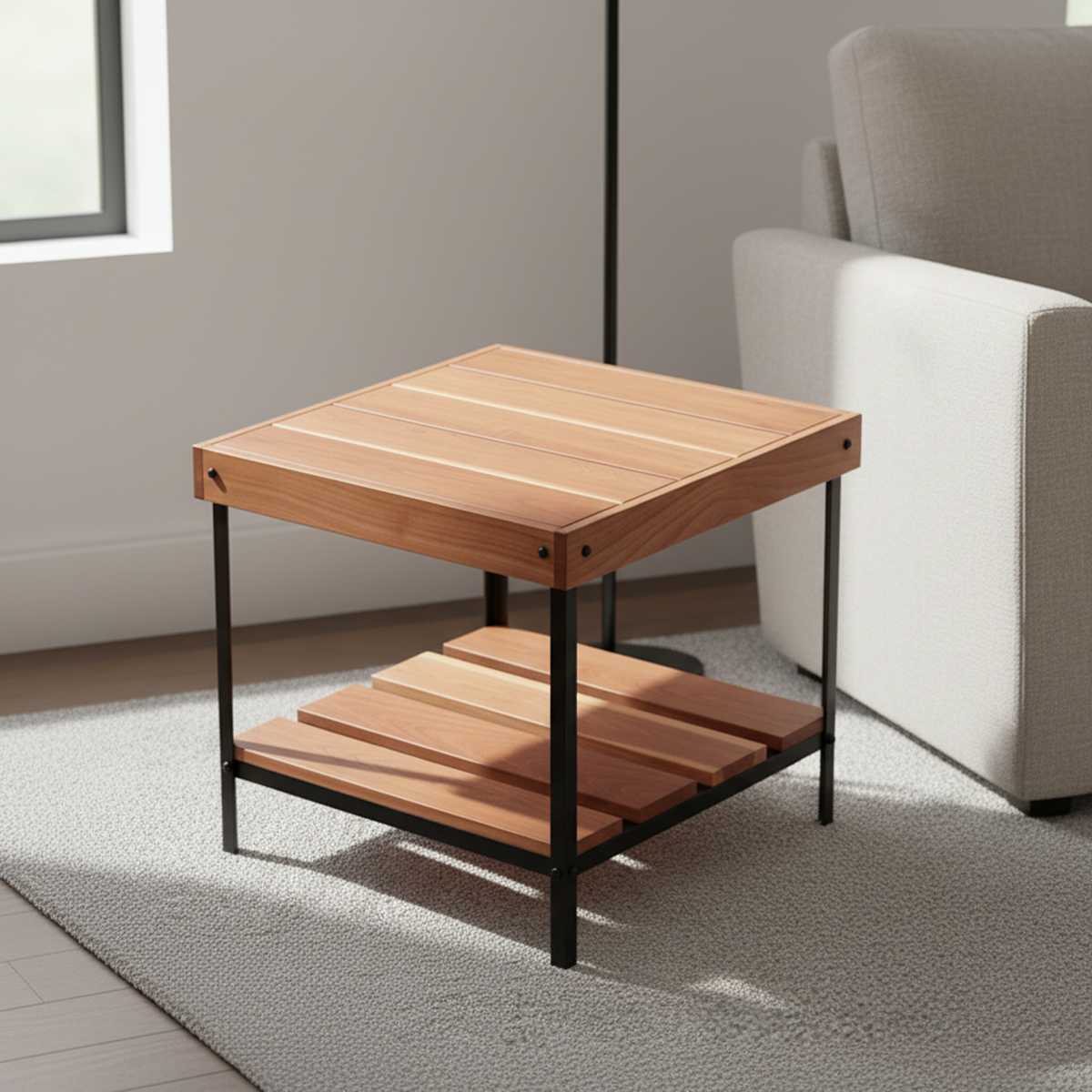 Otus Dart solid Cherry side table with lower shelf, unfinished — 25" × 25" top, 24" tall, styled in a home interior