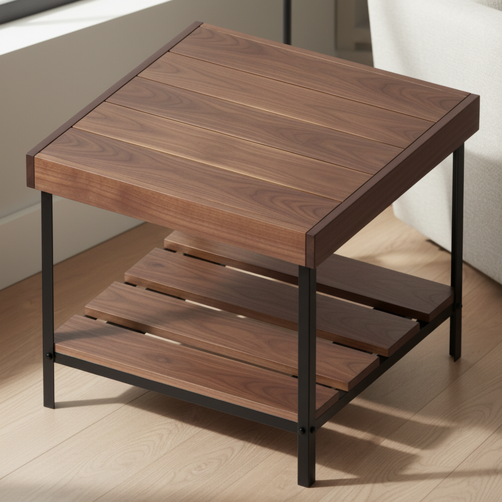 Otus Dart solid Walnut side table with lower shelf, unfinished — 25" × 25" top, 24" tall, styled in a home interior