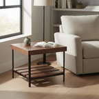 Otus Dart solid Walnut side table with lower shelf, unfinished — 25" × 25" top, 24" tall, shown in a lifestyle setting