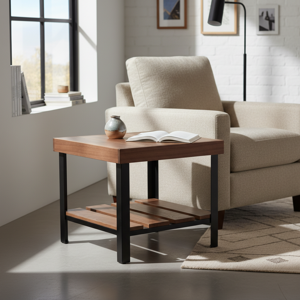 Otus Puro solid Walnut side table with lower shelf, unfinished — 26.5" × 26.5" top, 24" tall, shown in a lifestyle setting