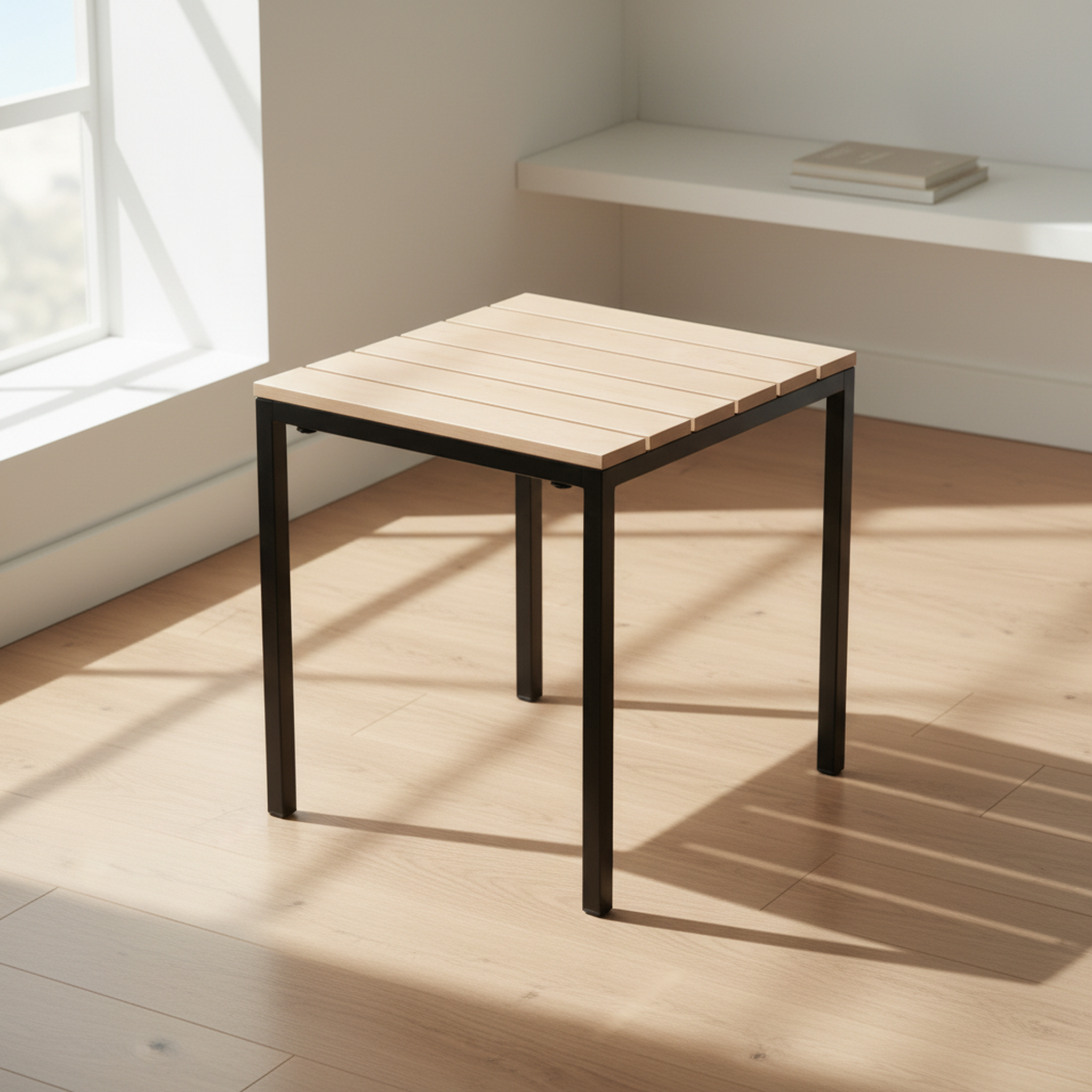 Otus Slim solid Hard Maple side table, unfinished — 25" × 25" top, 24" tall, styled in a home interior