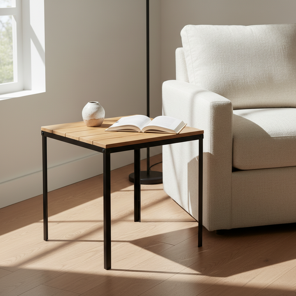 Otus Slim solid Oak side table, unfinished — 25" × 25" top, 24" tall, shown in a lifestyle setting