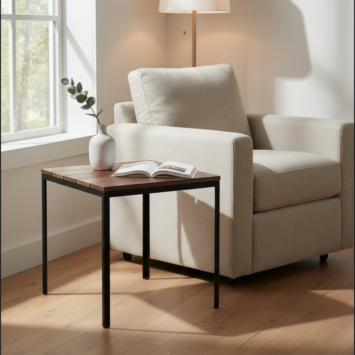 Otus Slim solid Walnut side table, unfinished — 25" × 25" top, 24" tall, shown in a lifestyle setting