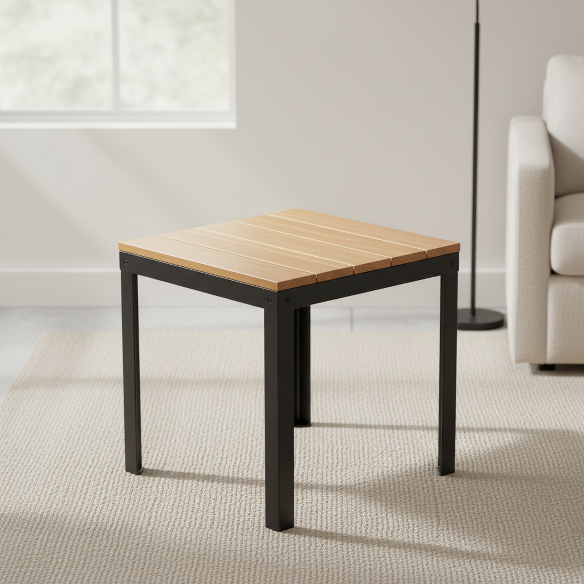 Otus Square solid Oak side table, finished — 26.5" × 26.5" top, 24" tall, styled in a home interior