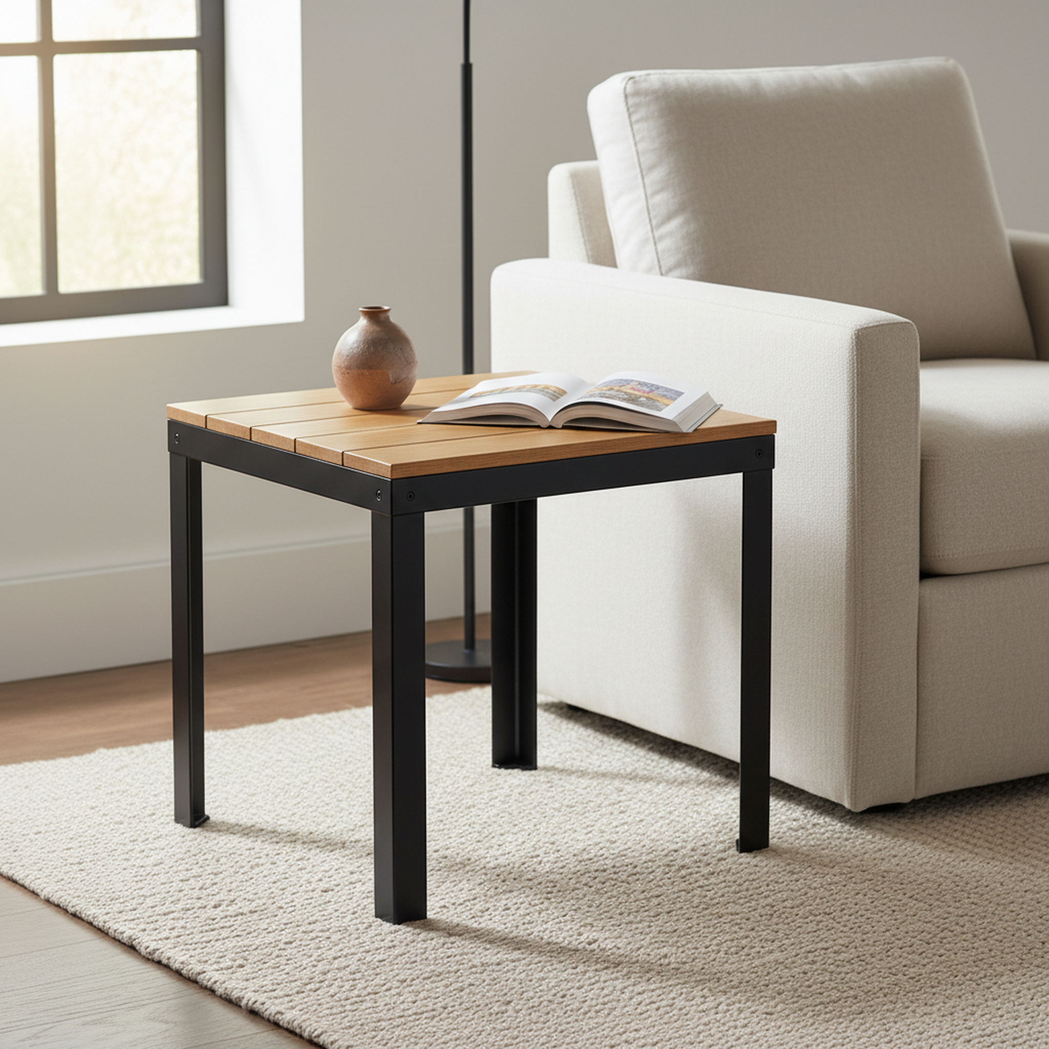 Otus Square solid Oak side table, unfinished — 26.5" × 26.5" top, 24" tall, shown in a lifestyle setting
