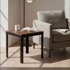Otus Square solid Walnut side table, unfinished — 26.5" × 26.5" top, 24" tall, shown in a lifestyle setting