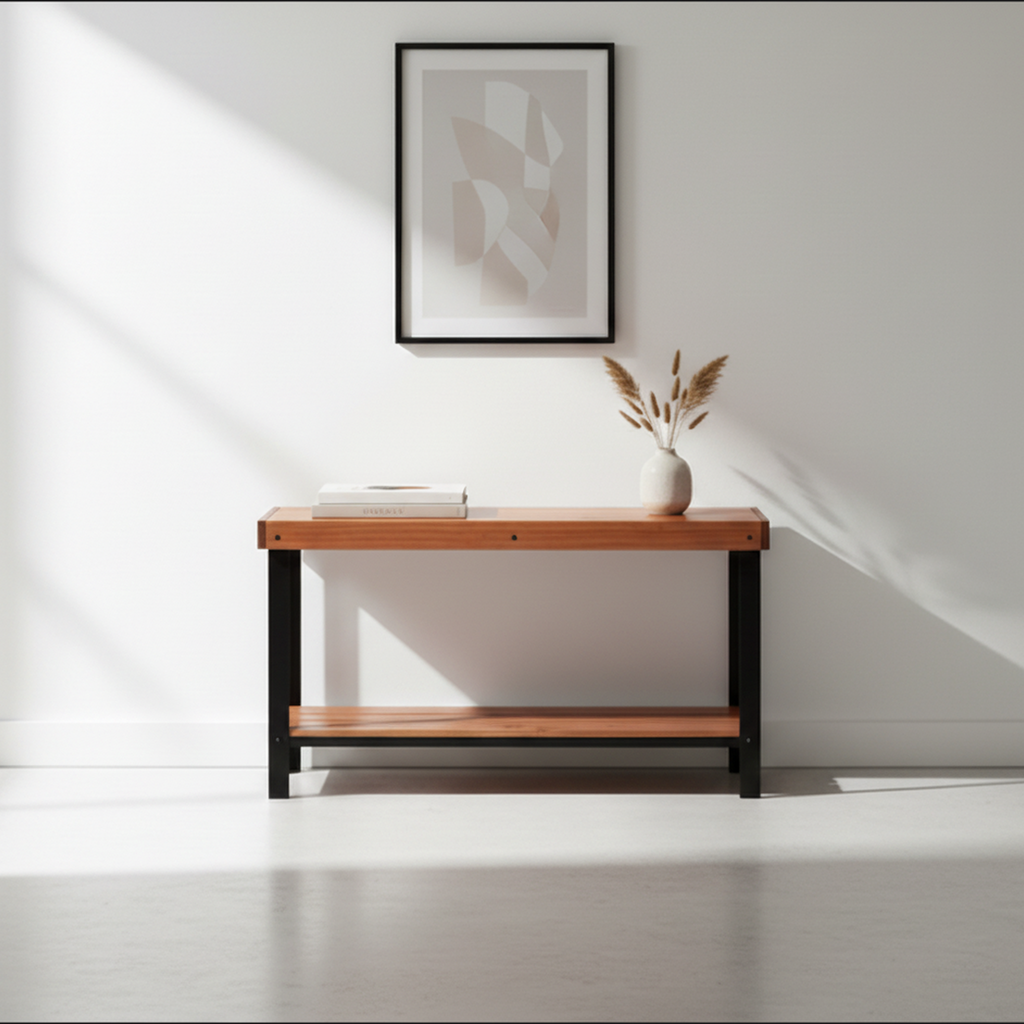 Surnia Puro solid Cherry sofa table with lower shelf, finished — 46.5" × 16.5" top, 30" tall, shown in a lifestyle setting