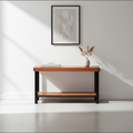 Surnia Puro solid Cherry sofa table with lower shelf, finished — 46.5" × 16.5" top, 30" tall, shown in a lifestyle setting