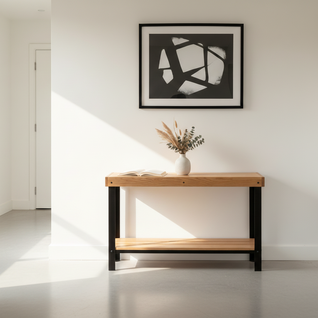 Surnia Puro solid Oak sofa table with lower shelf, unfinished — 46.5" × 16.5" top, 30" tall, shown in a lifestyle setting