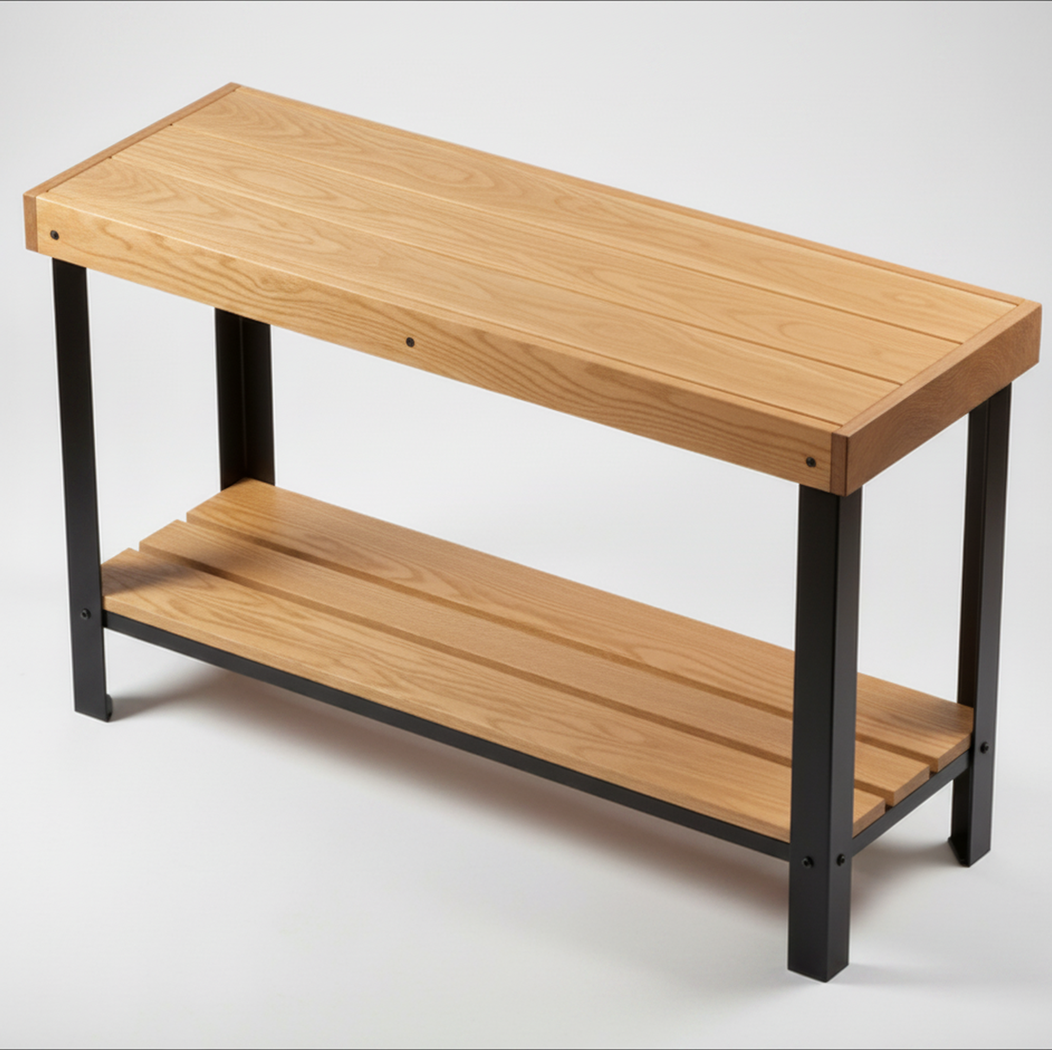 Surnia Puro solid Oak sofa table with lower shelf, finished — 46.5" × 16.5" top, 30" tall, studio photo on a neutral background