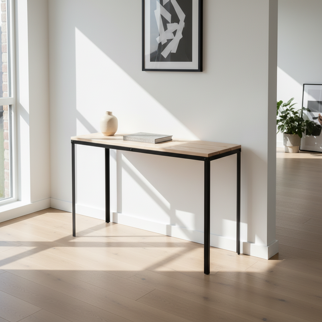 Surnia Slim solid Hard Maple sofa table, unfinished — 45" × 15" top, 30" tall, shown in a lifestyle setting