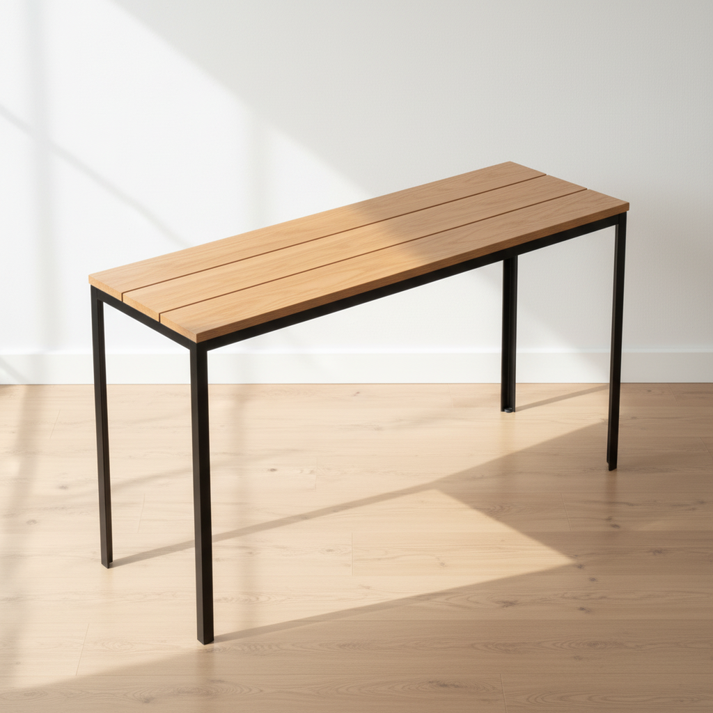 Surnia Slim solid Oak sofa table, unfinished — 45" × 15" top, 30" tall, styled in a home interior
