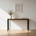Surnia Slim solid Oak sofa table, unfinished — 45" × 15" top, 30" tall, shown in a lifestyle setting