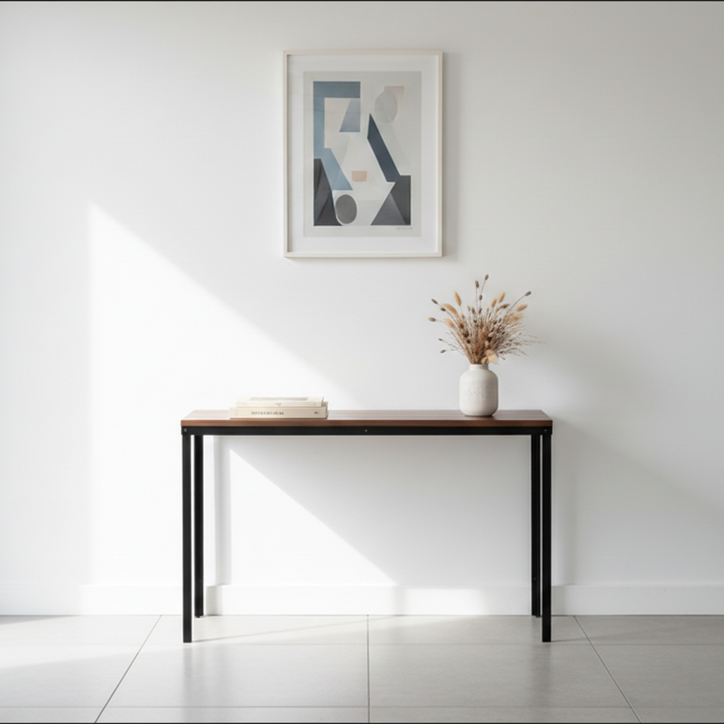 Surnia Slim solid Walnut sofa table, unfinished — 45" × 15" top, 30" tall, shown in a lifestyle setting