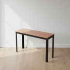 Surnia Square solid Cherry sofa table, unfinished — 46.5" × 16.5" top, 30" tall, styled in a home interior