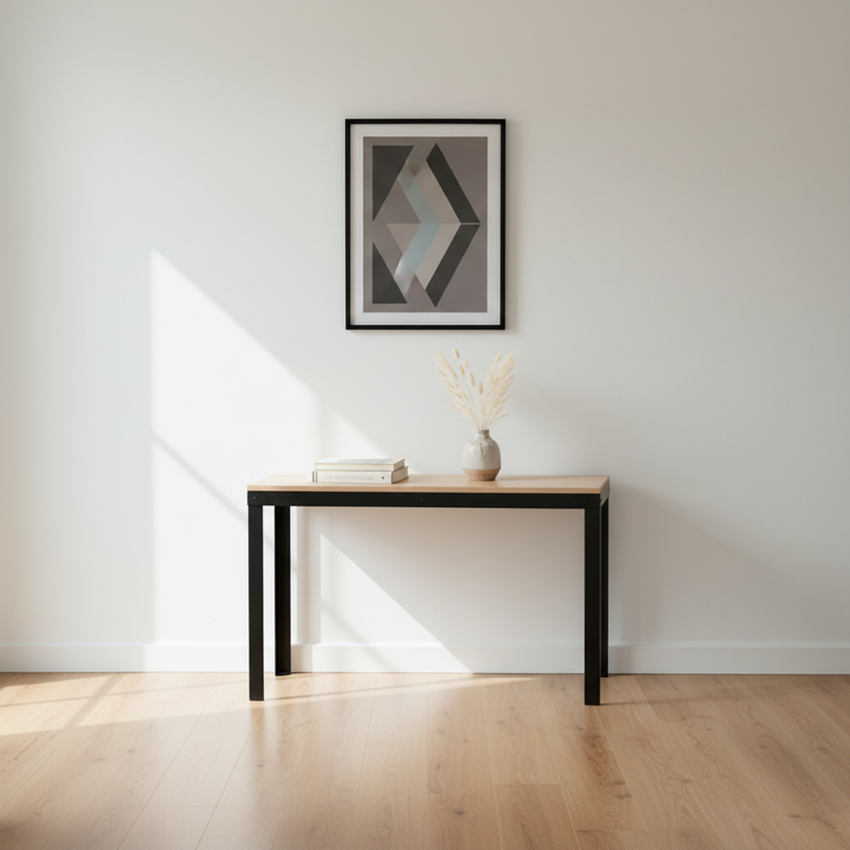 Surnia Square solid Hard Maple sofa table, unfinished — 46.5" × 16.5" top, 30" tall, shown in a lifestyle setting