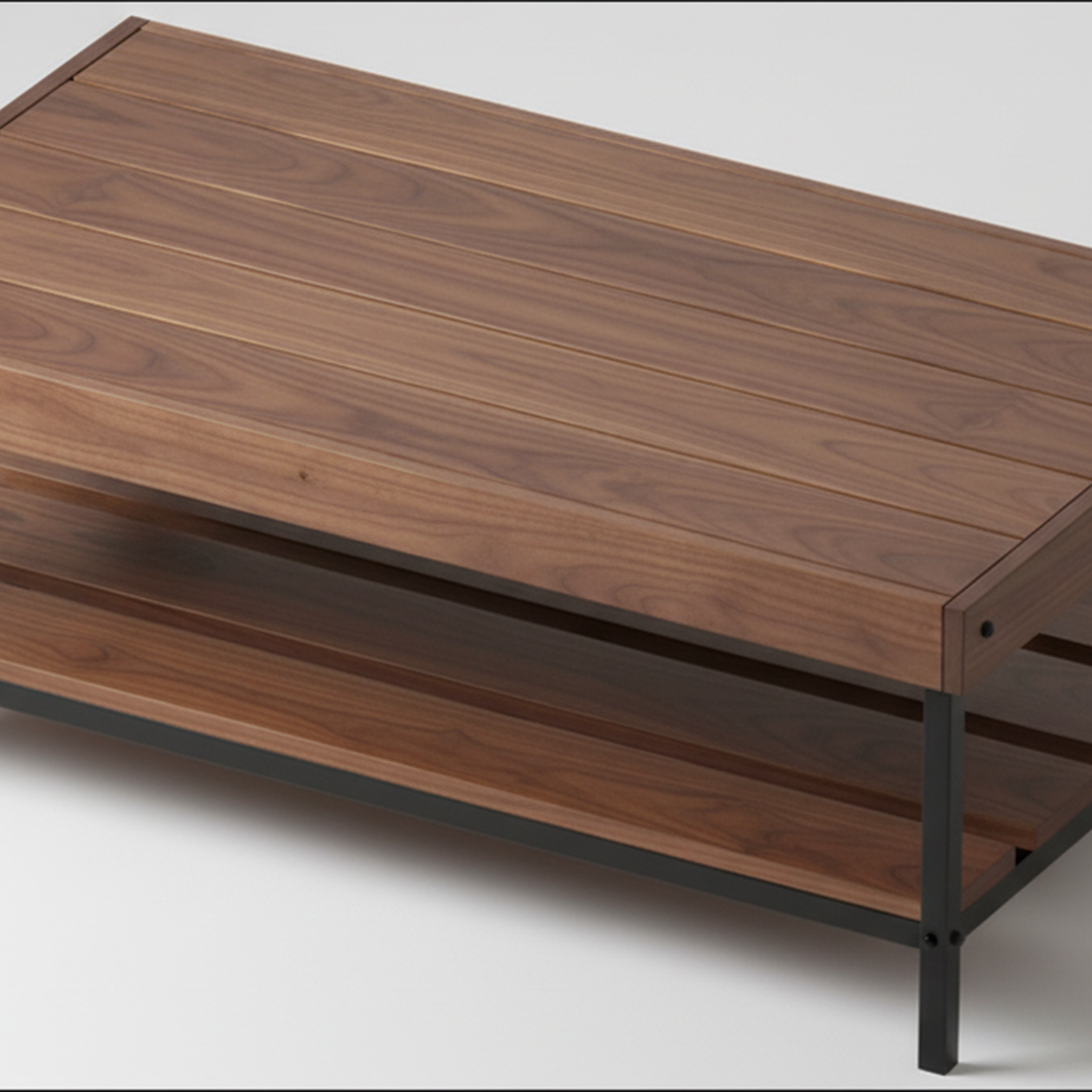 Tyto Dart solid Walnut coffee table with lower shelf, finished — 45" × 25" top, 18" tall, styled in a home interior