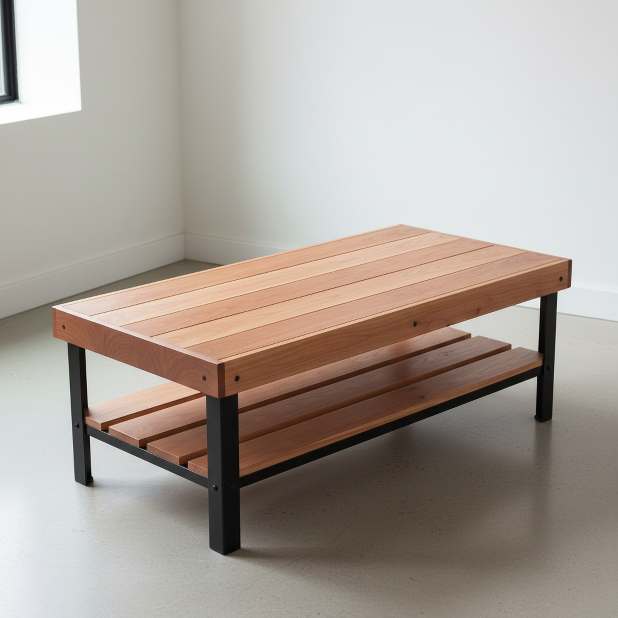 Tyto Puro solid Cherry coffee table with lower shelf, finished — 46.5" × 26.5" top, 18" tall, styled in a home interior