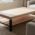 Tyto Puro solid Hard Maple coffee table with lower shelf, unfinished — 46.5" × 26.5" top, 18" tall, styled in a home interior
