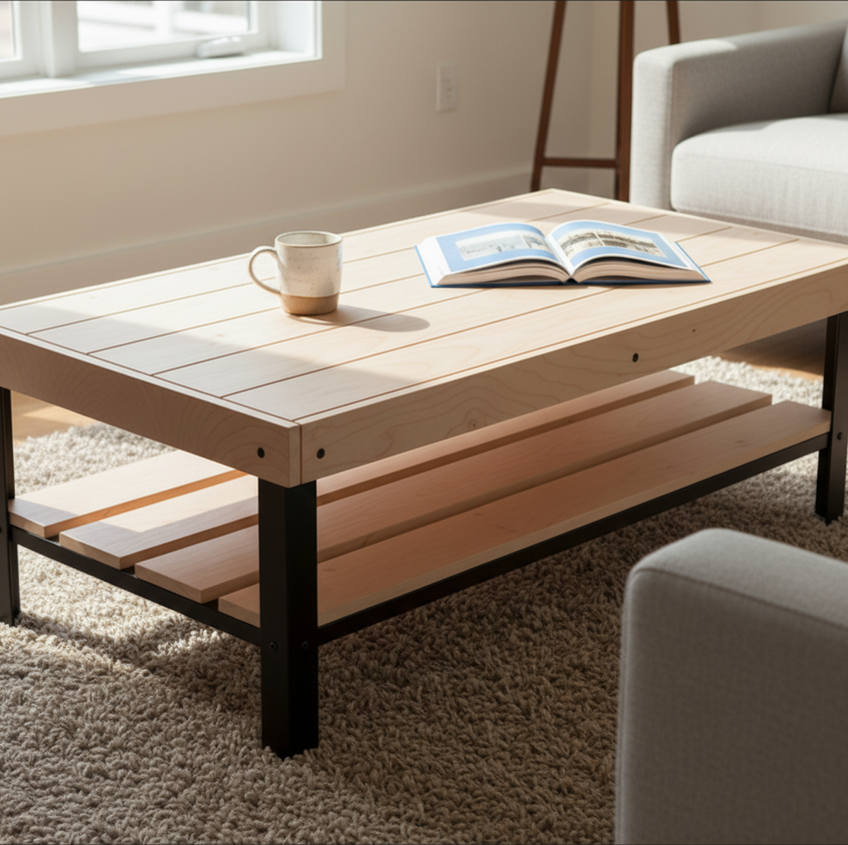 Tyto Puro solid Hard Maple coffee table with lower shelf, unfinished — 46.5" × 26.5" top, 18" tall, shown in a lifestyle setting