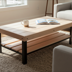 Tyto Puro solid Hard Maple coffee table with lower shelf, unfinished — 46.5" × 26.5" top, 18" tall, shown in a lifestyle setting