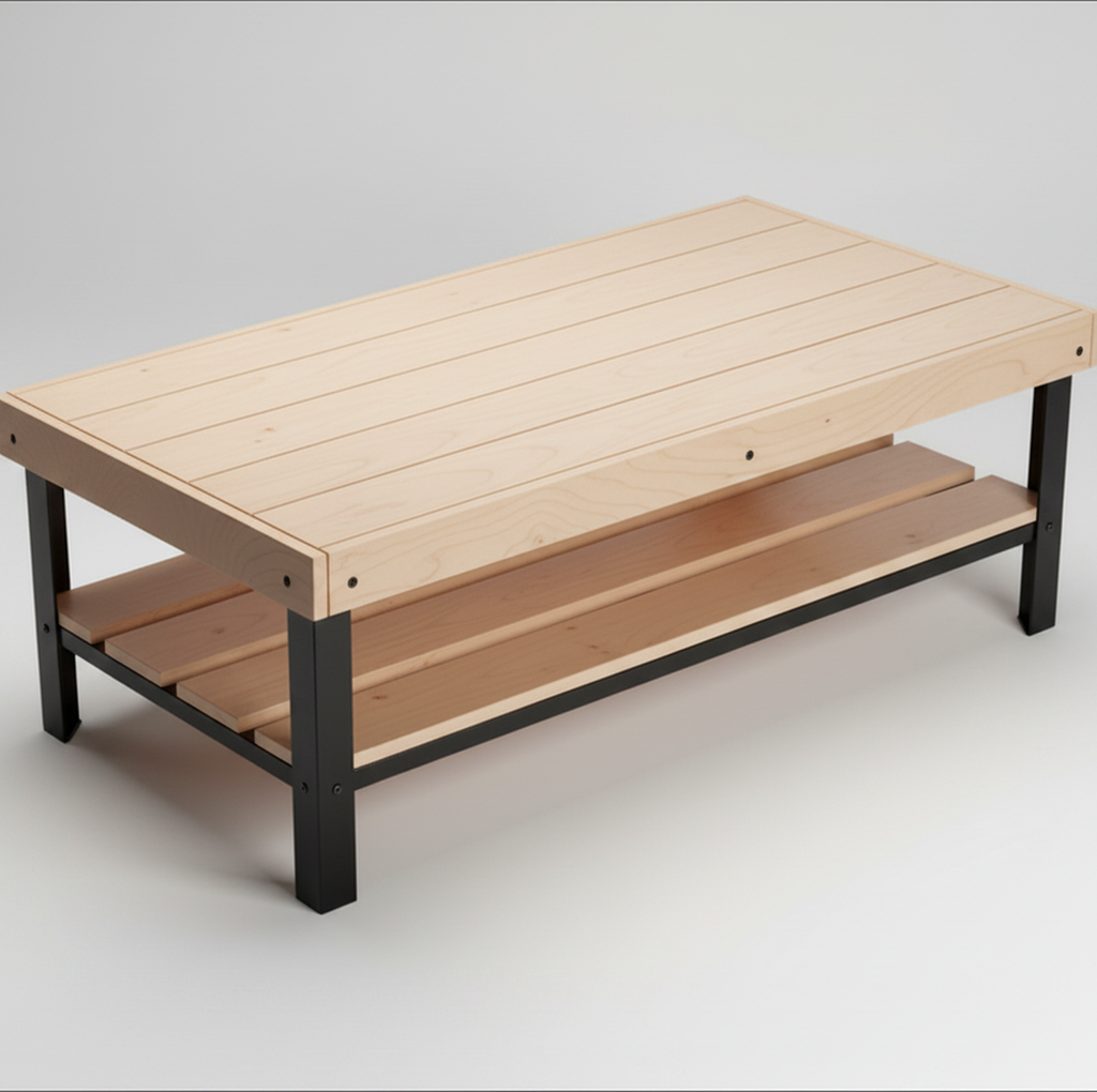 Tyto Puro solid Hard Maple coffee table with lower shelf, unfinished — 46.5" × 26.5" top, 18" tall, studio photo on a neutral background