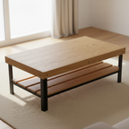 Tyto Puro solid Oak coffee table with lower shelf, finished — 46.5" × 26.5" top, 18" tall, styled in a home interior