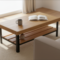 Tyto Puro solid Oak coffee table with lower shelf, finished — 46.5" × 26.5" top, 18" tall, shown in a lifestyle setting