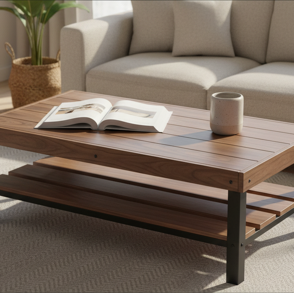 Tyto Puro solid Walnut coffee table with lower shelf, finished — 46.5" × 26.5" top, 18" tall, shown in a lifestyle setting