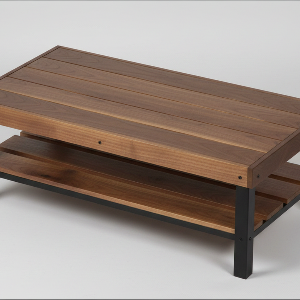 Tyto Puro solid Walnut coffee table with lower shelf, finished — 46.5" × 26.5" top, 18" tall, studio photo on a neutral background