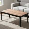 Tyto Square solid Walnut coffee table, unfinished — 46.5" × 26.5" top, 18" tall, styled in a home interior