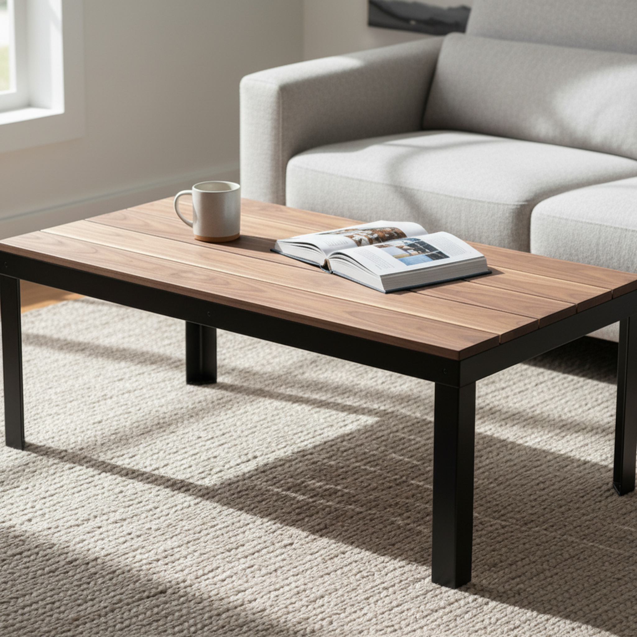 Tyto Square solid Walnut coffee table, unfinished — 46.5" × 26.5" top, 18" tall, shown in a lifestyle setting